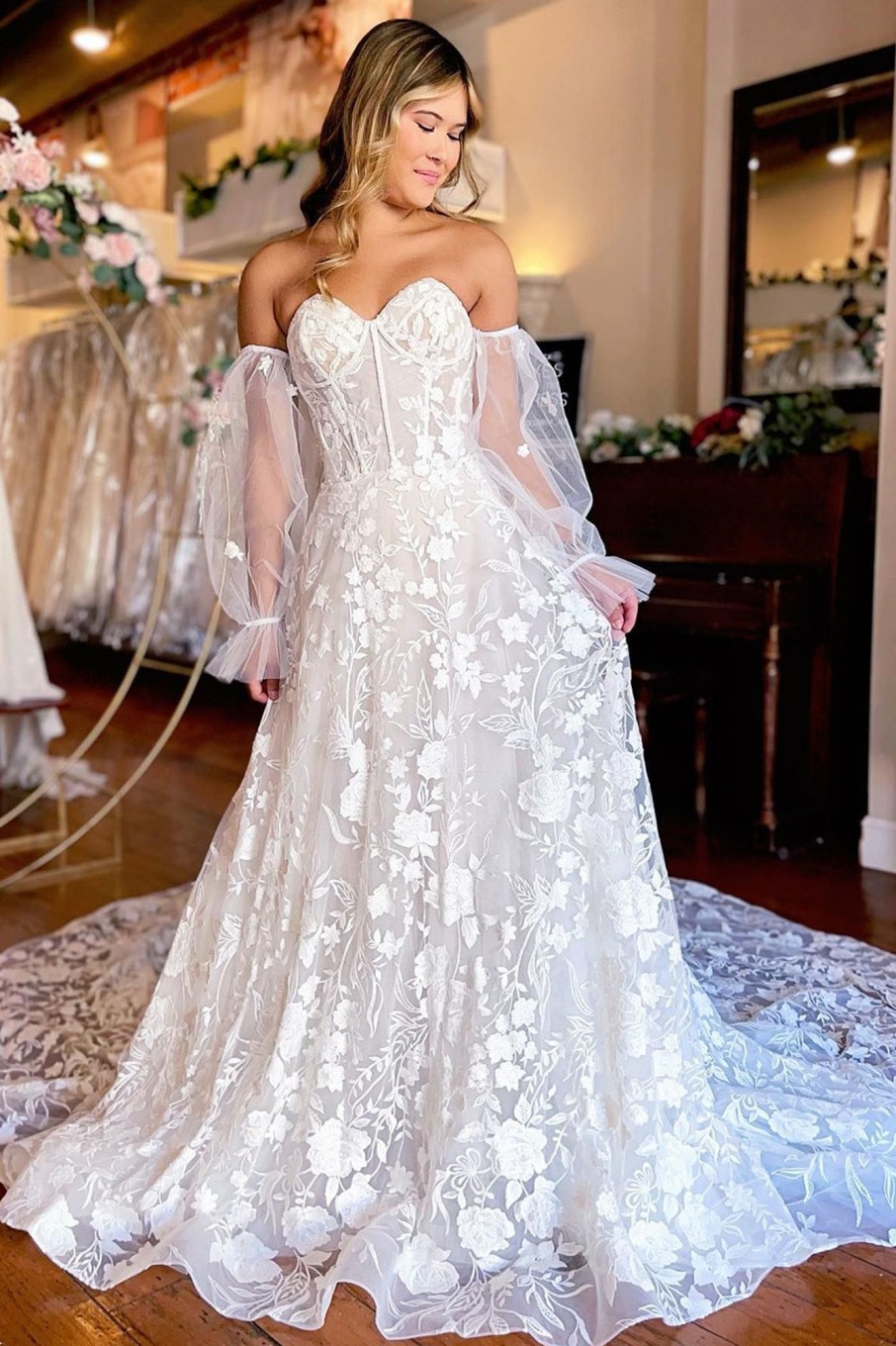 Wedding Dresses HELLYMOON | Sweetheart Corset Detachale Long Sleeves Long Lace Wedding Dress Ivory