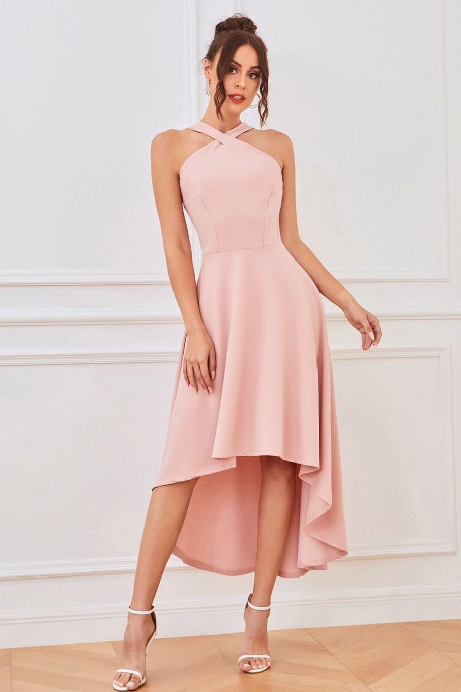 Prom Dresses HELLYMOON | A Line Halter High Low Homecoming Dress Pink