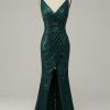 Special Occasion HELLYMOON | Sequined Spaghetti Straps Prom Dress With Slit Dark Green