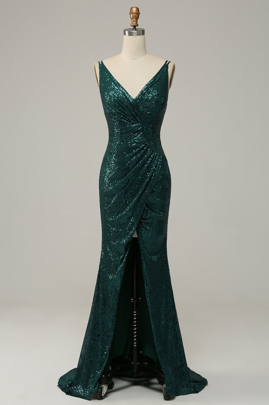 Special Occasion HELLYMOON | Sequined Spaghetti Straps Prom Dress With Slit Dark Green