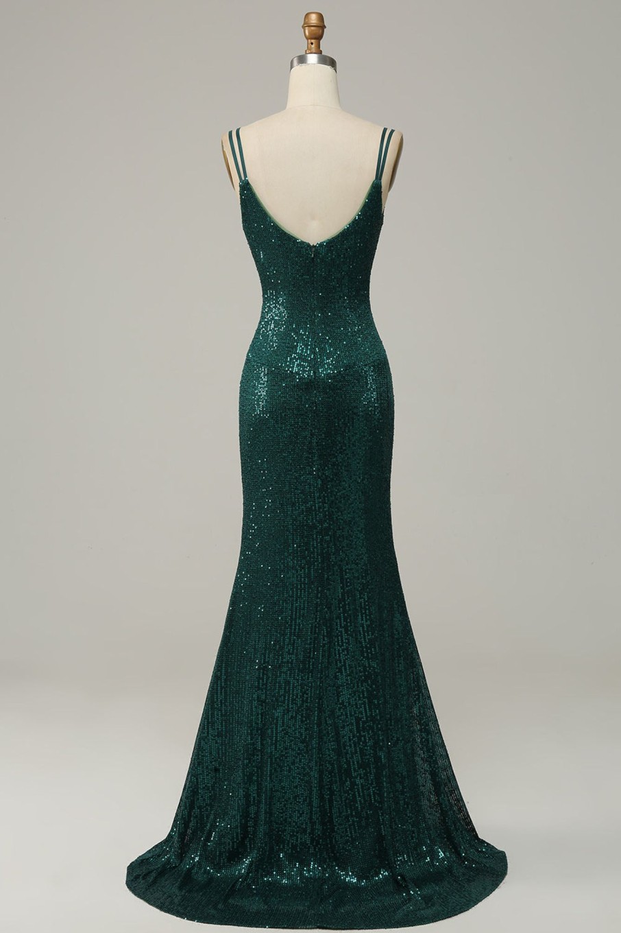 Special Occasion HELLYMOON | Sequined Spaghetti Straps Prom Dress With Slit Dark Green