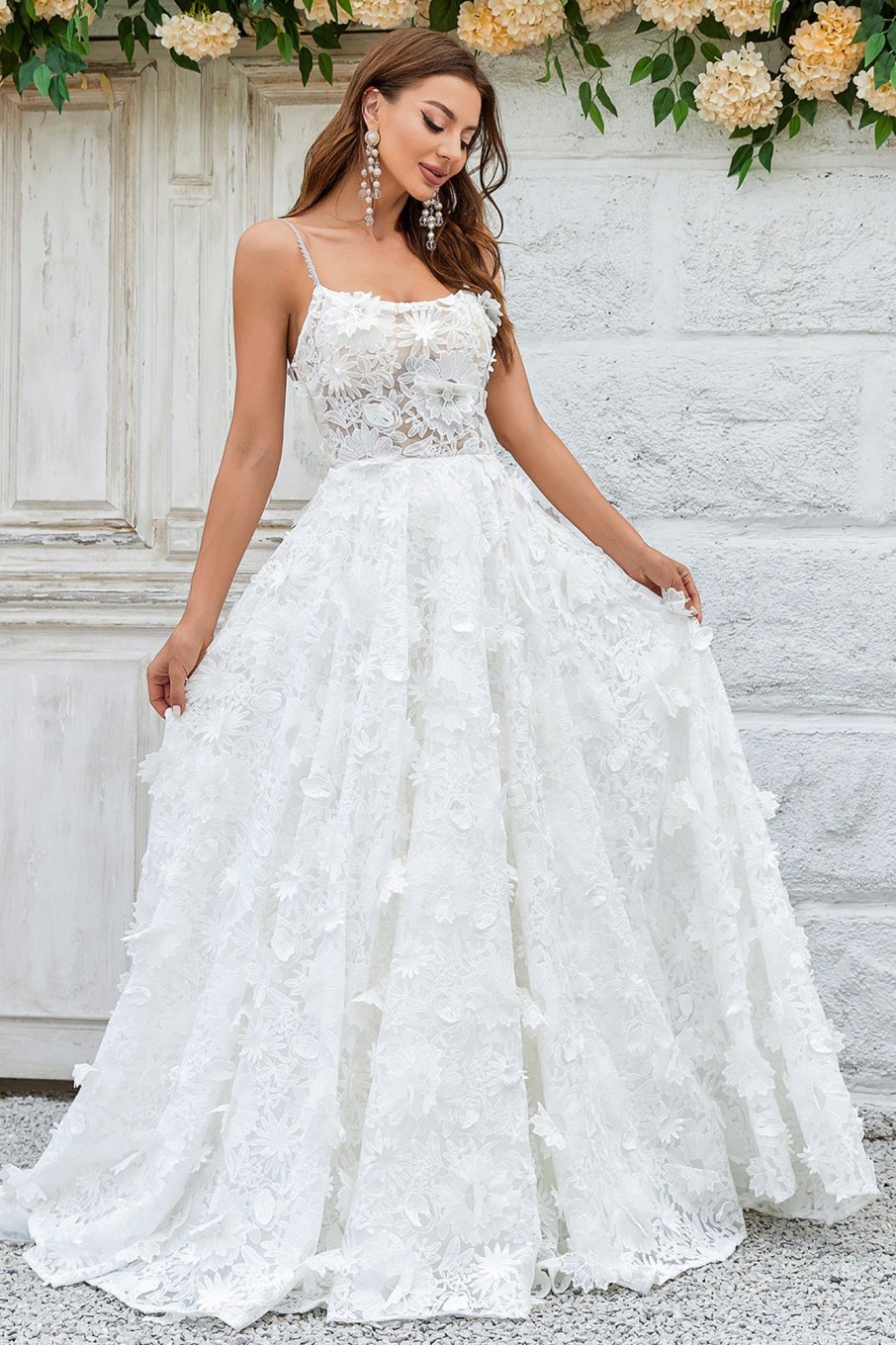 Wedding Dresses HELLYMOON | Floral Lace Sweep Train Wedding Dress Ivory