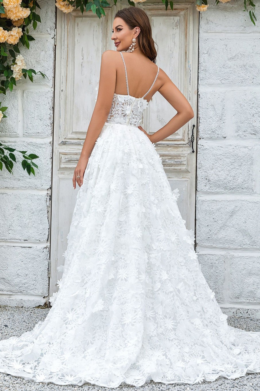 Wedding Dresses HELLYMOON | Floral Lace Sweep Train Wedding Dress Ivory