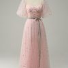 Special Occasion HELLYMOON | Tulle A Line Blush Embroidery Prom Dress With Puff Sleeves Pink