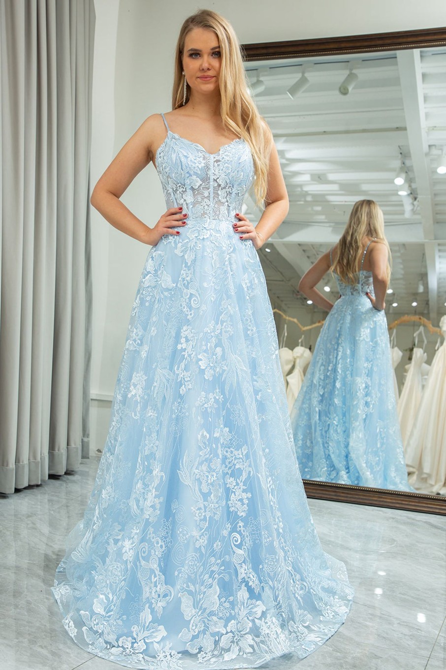 Prom Dresses HELLYMOON | A-Line Spaghetti Straps Lace Corset Prom Dress Sky Blue