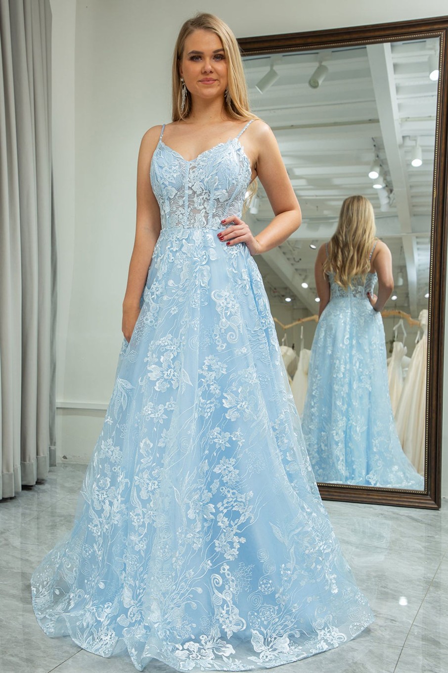 Prom Dresses HELLYMOON | A-Line Spaghetti Straps Lace Corset Prom Dress Sky Blue