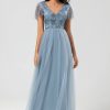 Partywear HELLYMOON | A Line V Neck Dusty Blue Long Bridesmaid Dress With Beading