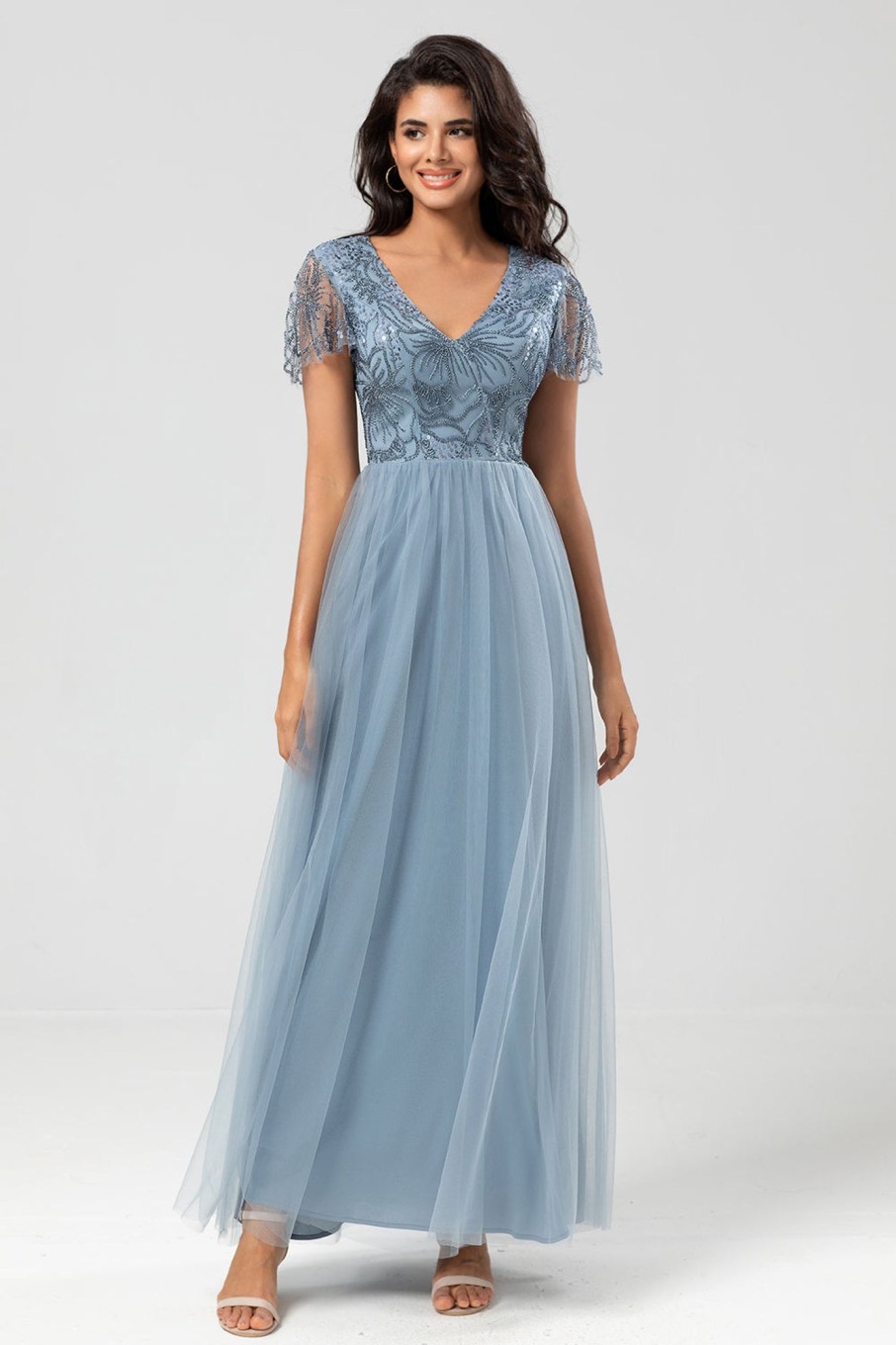 Partywear HELLYMOON | A Line V Neck Dusty Blue Long Bridesmaid Dress With Beading