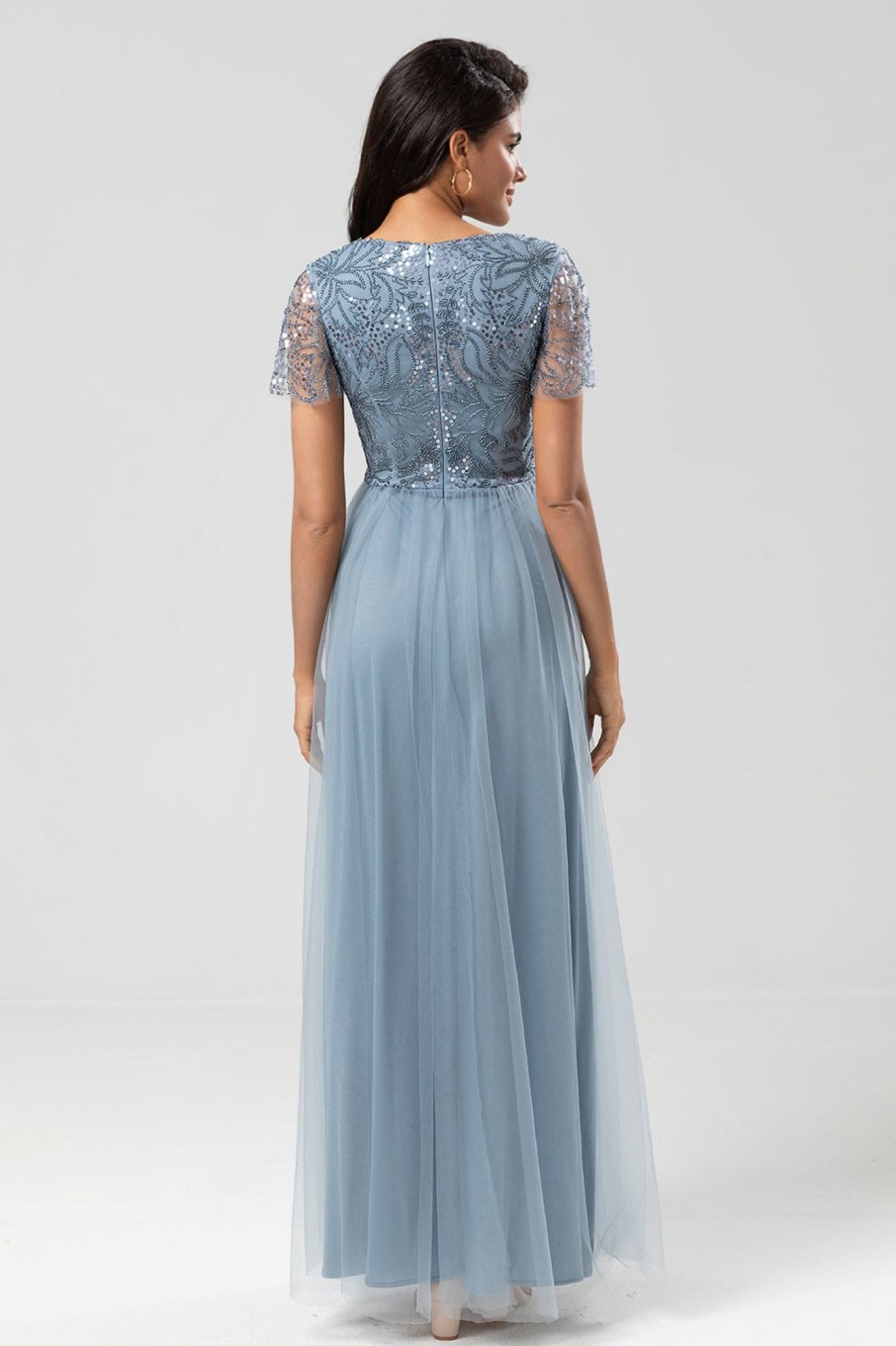 Partywear HELLYMOON | A Line V Neck Dusty Blue Long Bridesmaid Dress With Beading