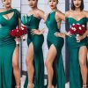 Partywear HELLYMOON | Emerald Green Satin One Shoulder Cutout Long Bridesmaid Dress With Side Slit