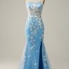 Prom Dresses HELLYMOON | Spaghetti Straps Corset Prom Dress With Appliques Blue