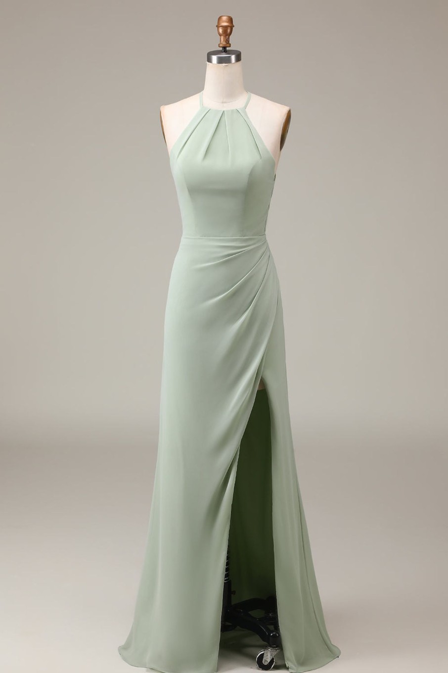 Partywear HELLYMOON | Halter Neck Sheath Pleated Bridesmaid Dress With Slit