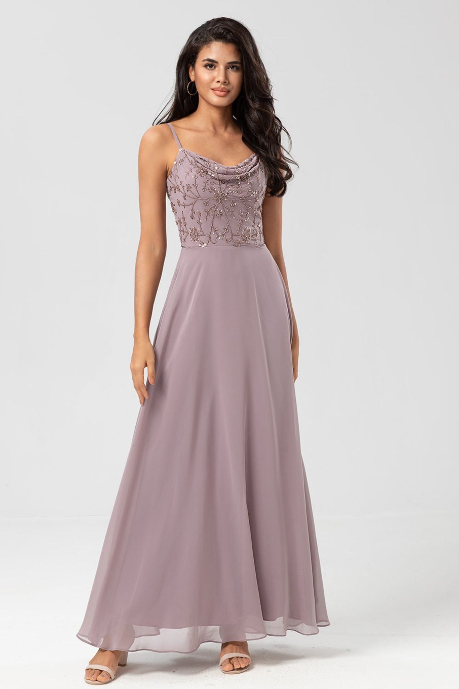 Partywear HELLYMOON | A Line Spaghetti Straps Dusty Pink Long Bridesmaid Dress With Beaded