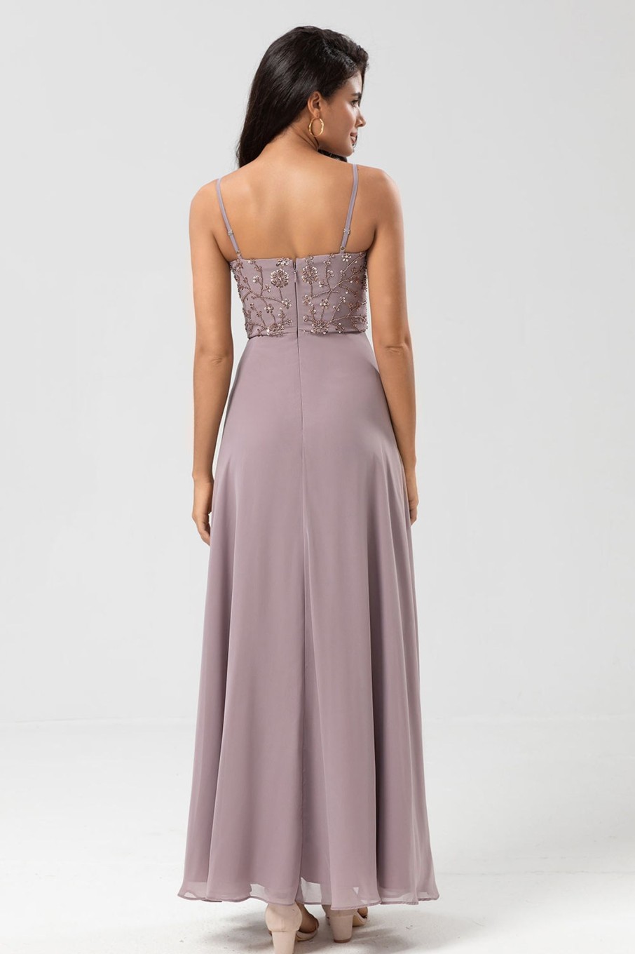 Partywear HELLYMOON | A Line Spaghetti Straps Dusty Pink Long Bridesmaid Dress With Beaded