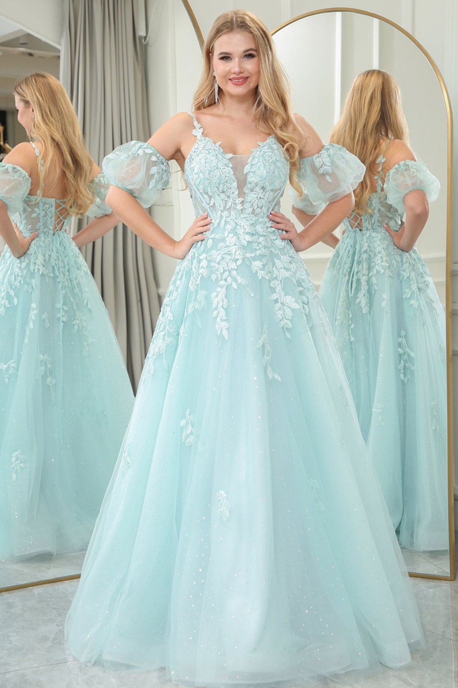 Prom Dresses HELLYMOON | Glitter A-Line Spaghetti Strap Corset Prom Dress With Appliques Mint