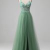 Prom Dresses HELLYMOON | Sparkly A-Line Spaghetti Straps Corset Prom Dress With Appliques Green