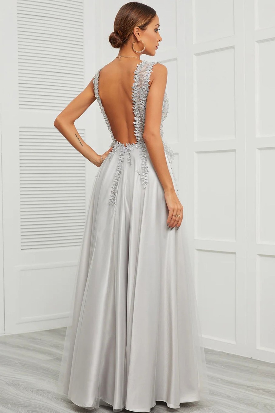 Prom Dresses HELLYMOON | Open Back Long Prom Dress With Appliques Grey