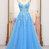 Prom Dresses HELLYMOON | Spaghetti Straps A-Line Tulle Prom Dress With Appliques Blue