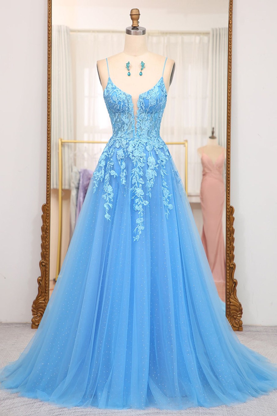 Prom Dresses HELLYMOON | Spaghetti Straps A-Line Tulle Prom Dress With Appliques Blue