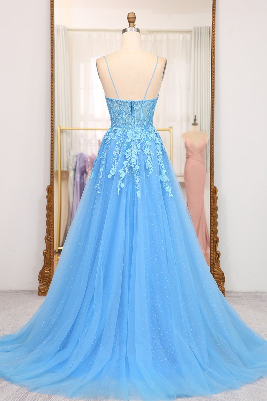 Prom Dresses HELLYMOON | Spaghetti Straps A-Line Tulle Prom Dress With Appliques Blue