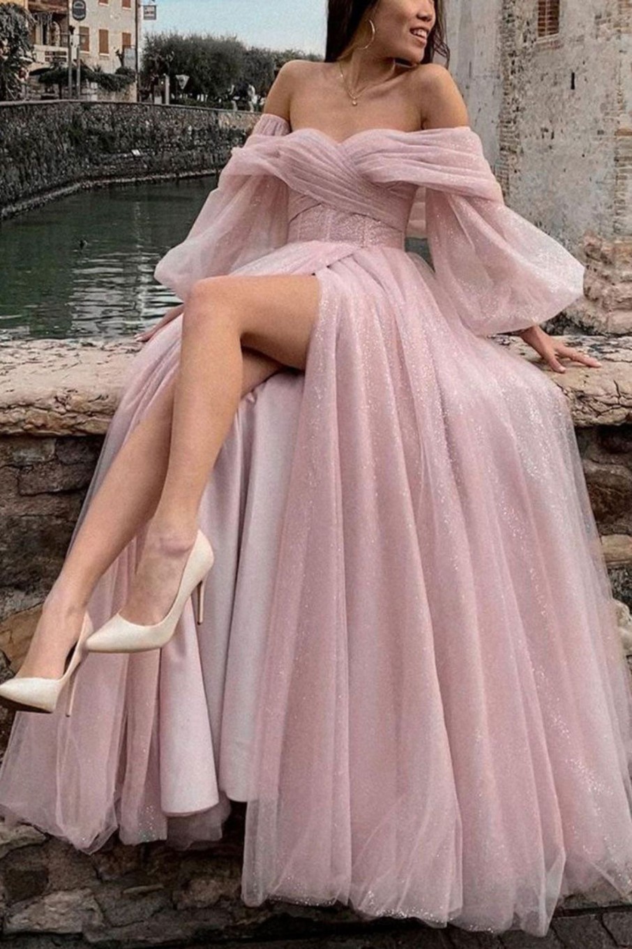 Special Occasion HELLYMOON | Off The Shoulder Tulle Sparkly Prom Dress With Slit Pink