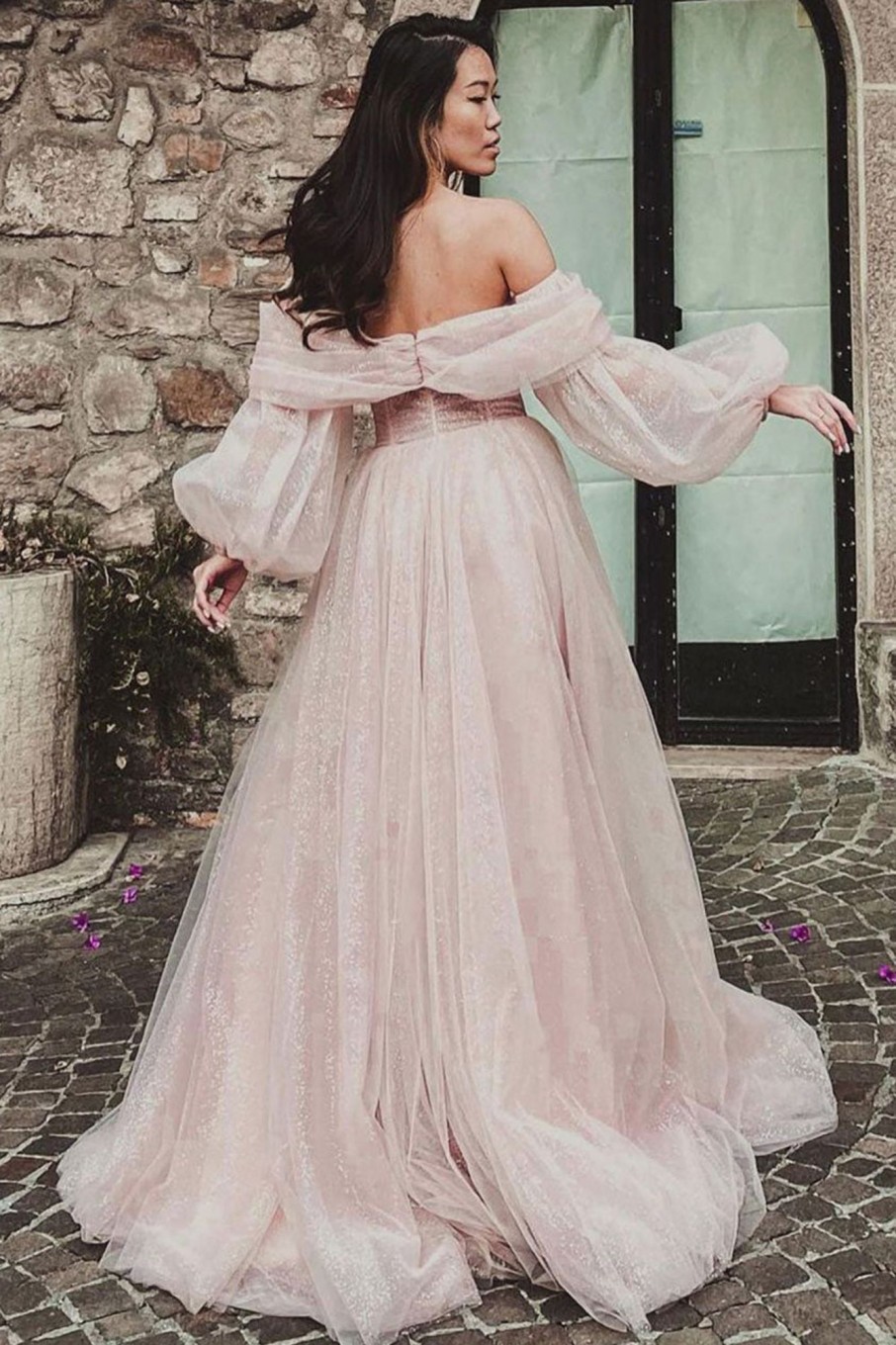 Special Occasion HELLYMOON | Off The Shoulder Tulle Sparkly Prom Dress With Slit Pink