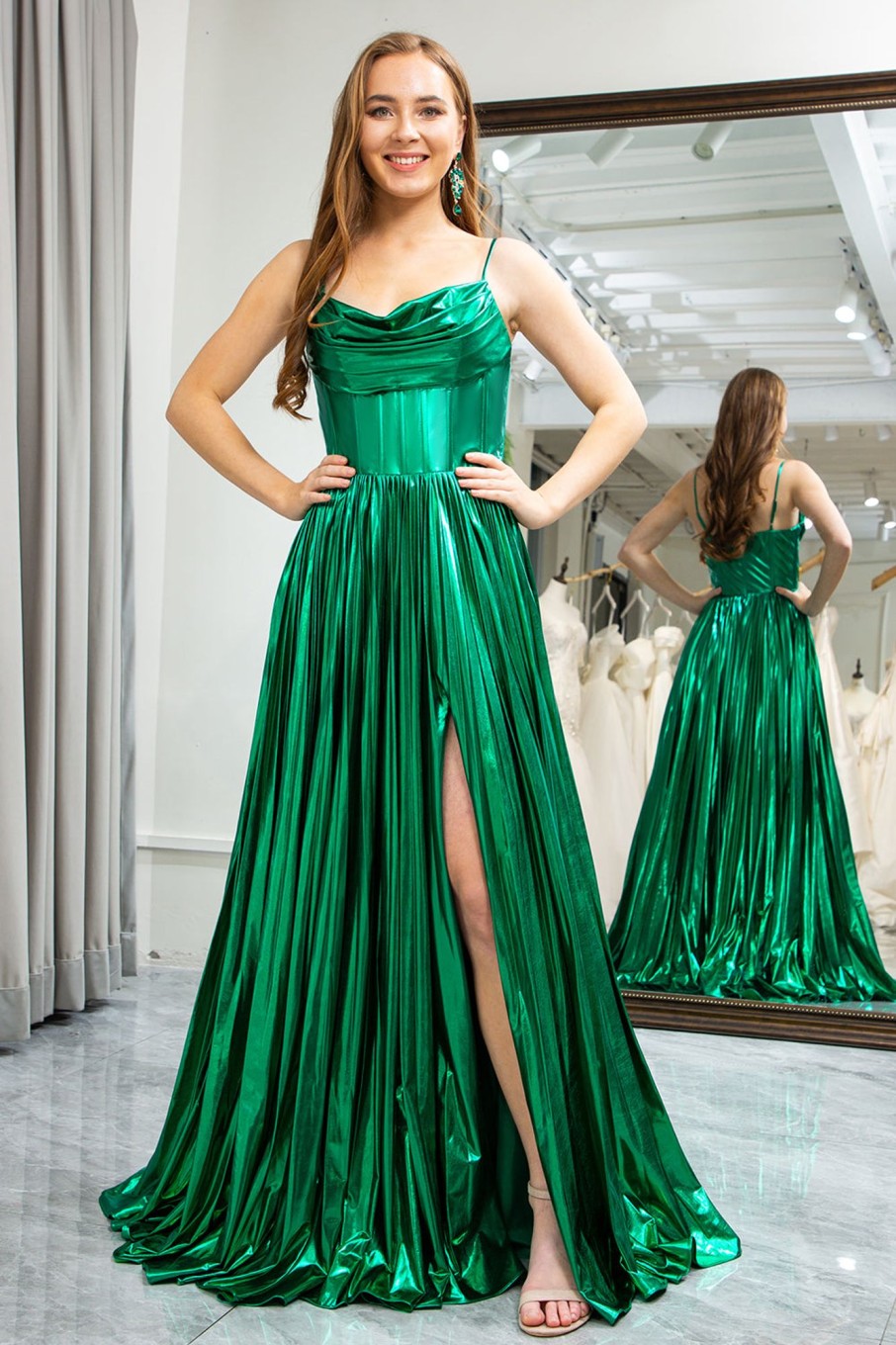 Special Occasion HELLYMOON | A-Line Spaghetti Straps Corset Prom Dress With Slit Dark Green