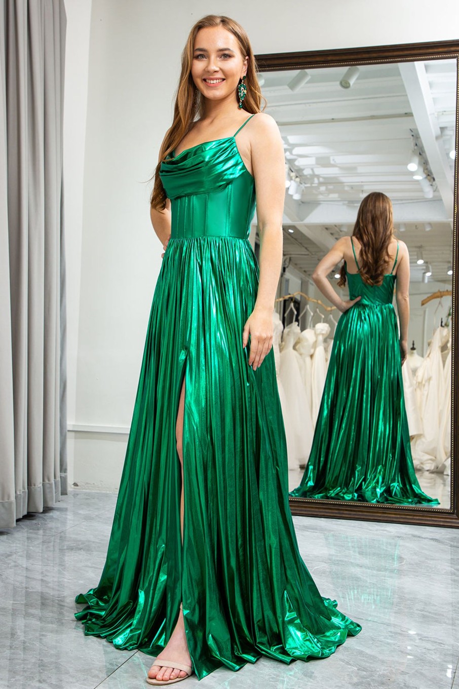 Special Occasion HELLYMOON | A-Line Spaghetti Straps Corset Prom Dress With Slit Dark Green