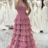 Prom Dresses HELLYMOON | Print A-Line Spaghetti Straps Tiered Long Prom Dress Pink