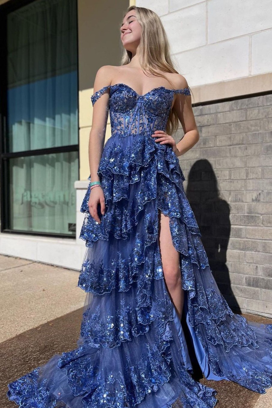 Special Occasion HELLYMOON | Off Shoulder Layered Prom Dress With Slit Dark Blue