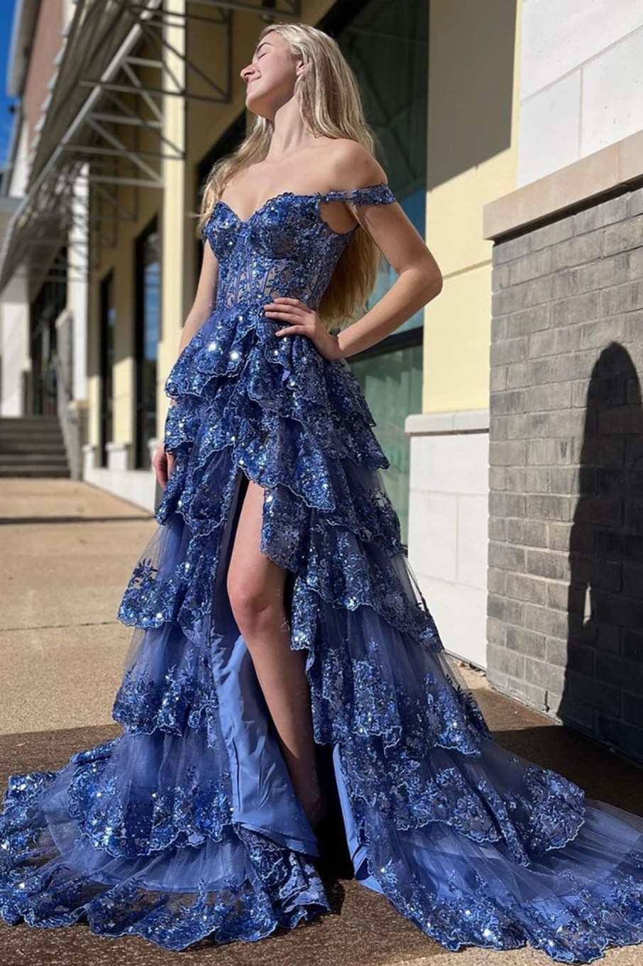 Special Occasion HELLYMOON | Off Shoulder Layered Prom Dress With Slit Dark Blue