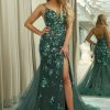 Prom Dresses HELLYMOON | Spaghetti Straps Mermaid Beaded Prom Dress With Split Dark Green