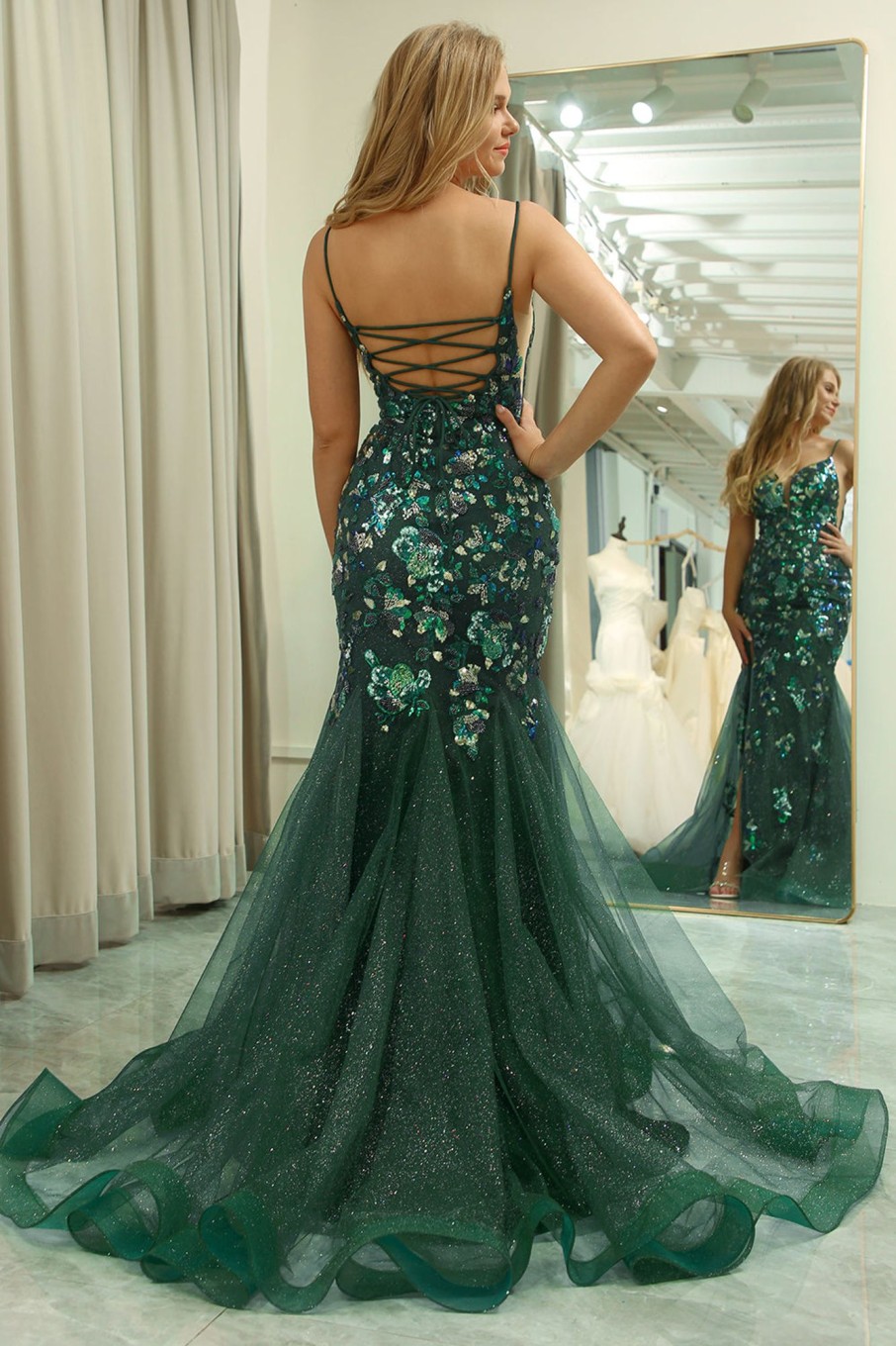 Prom Dresses HELLYMOON | Spaghetti Straps Mermaid Beaded Prom Dress With Split Dark Green