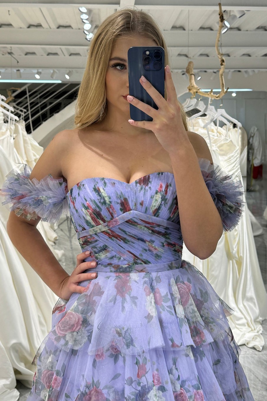 Prom Dresses HELLYMOON | Printed Convertible Off The Shoulder A-Line Long Tiered Prom Dress Lavendar