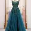 Prom Dresses HELLYMOON | Spaghetti Strap A-Line Beaded Prom Dress With Appliques Dark Green