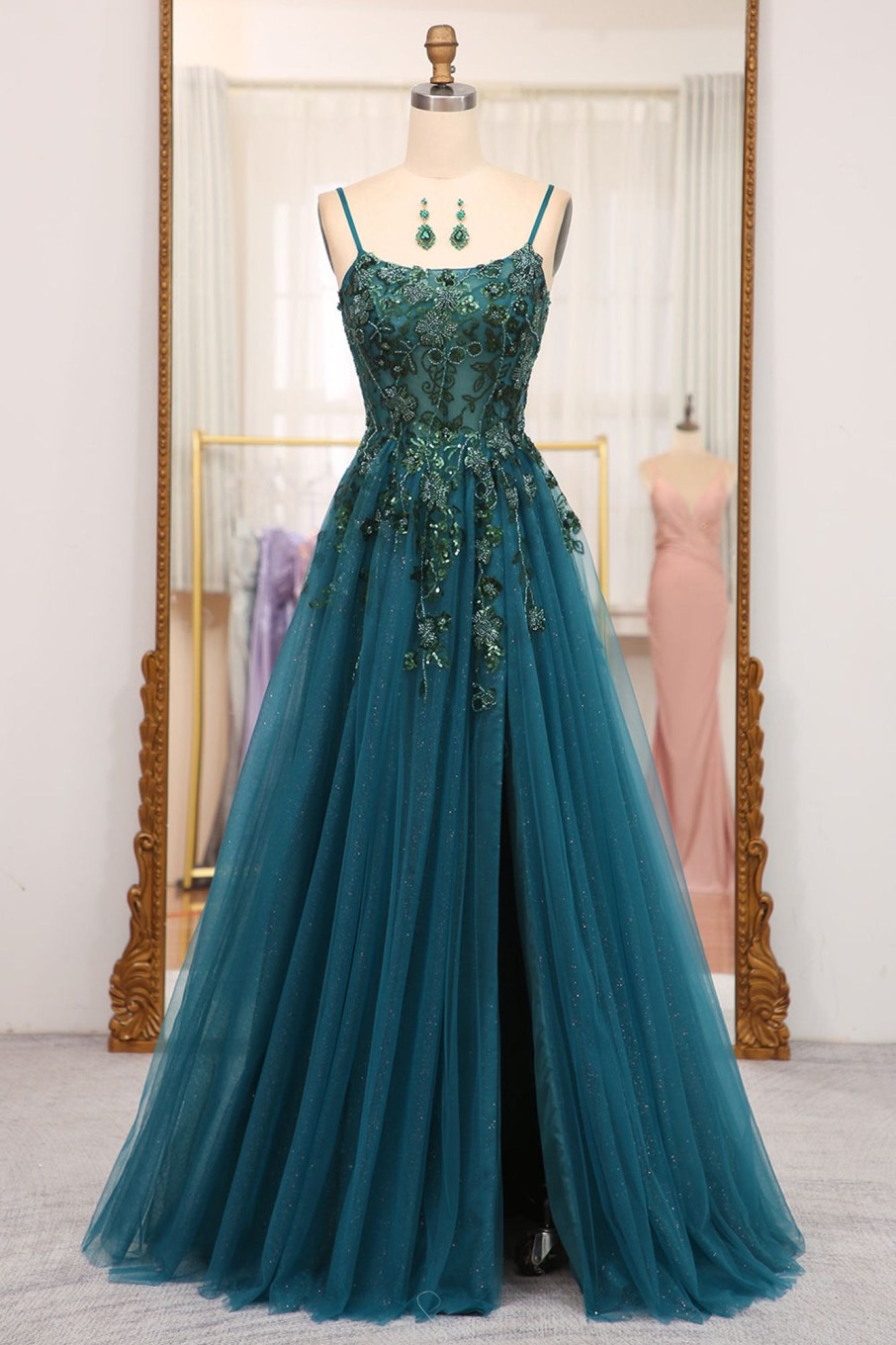 Prom Dresses HELLYMOON | Spaghetti Strap A-Line Beaded Prom Dress With Appliques Dark Green