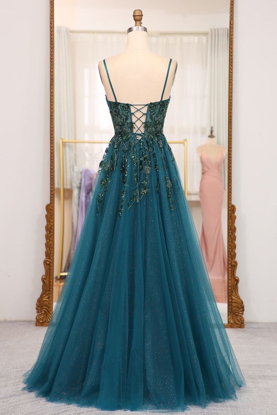 Prom Dresses HELLYMOON | Spaghetti Strap A-Line Beaded Prom Dress With Appliques Dark Green