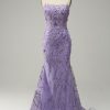 Prom Dresses HELLYMOON | A-Line Spaghetti Straps Beaded Mermaid Prom Dress Purple