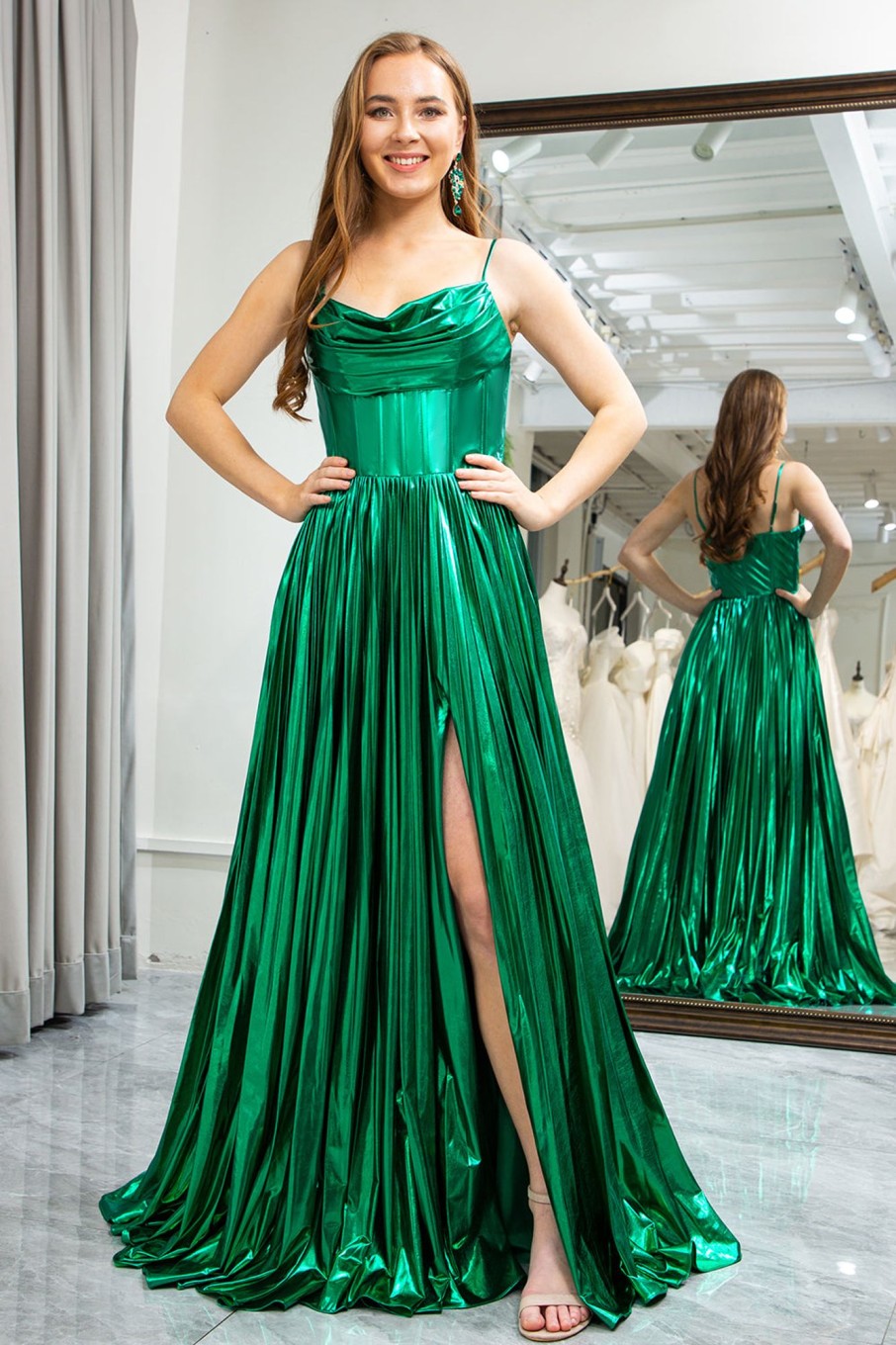 Prom Dresses HELLYMOON | A-Line Spaghetti Straps Corset Prom Dress With Slit Dark Green