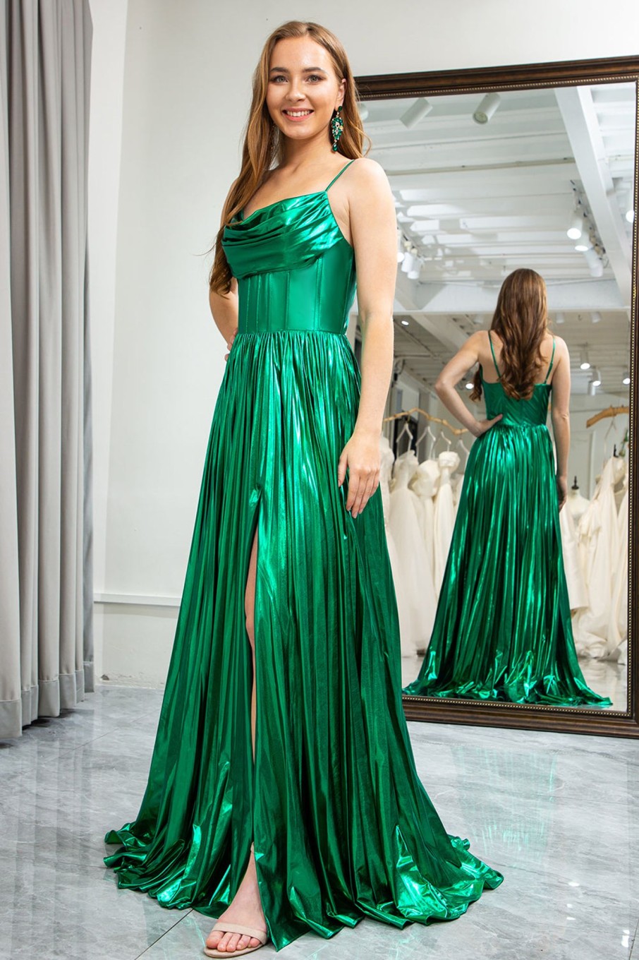 Prom Dresses HELLYMOON | A-Line Spaghetti Straps Corset Prom Dress With Slit Dark Green