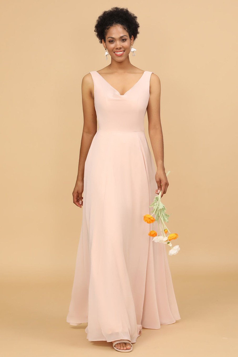 Partywear HELLYMOON | A Line V Neck Chiffon Long Bridesmaid Dress