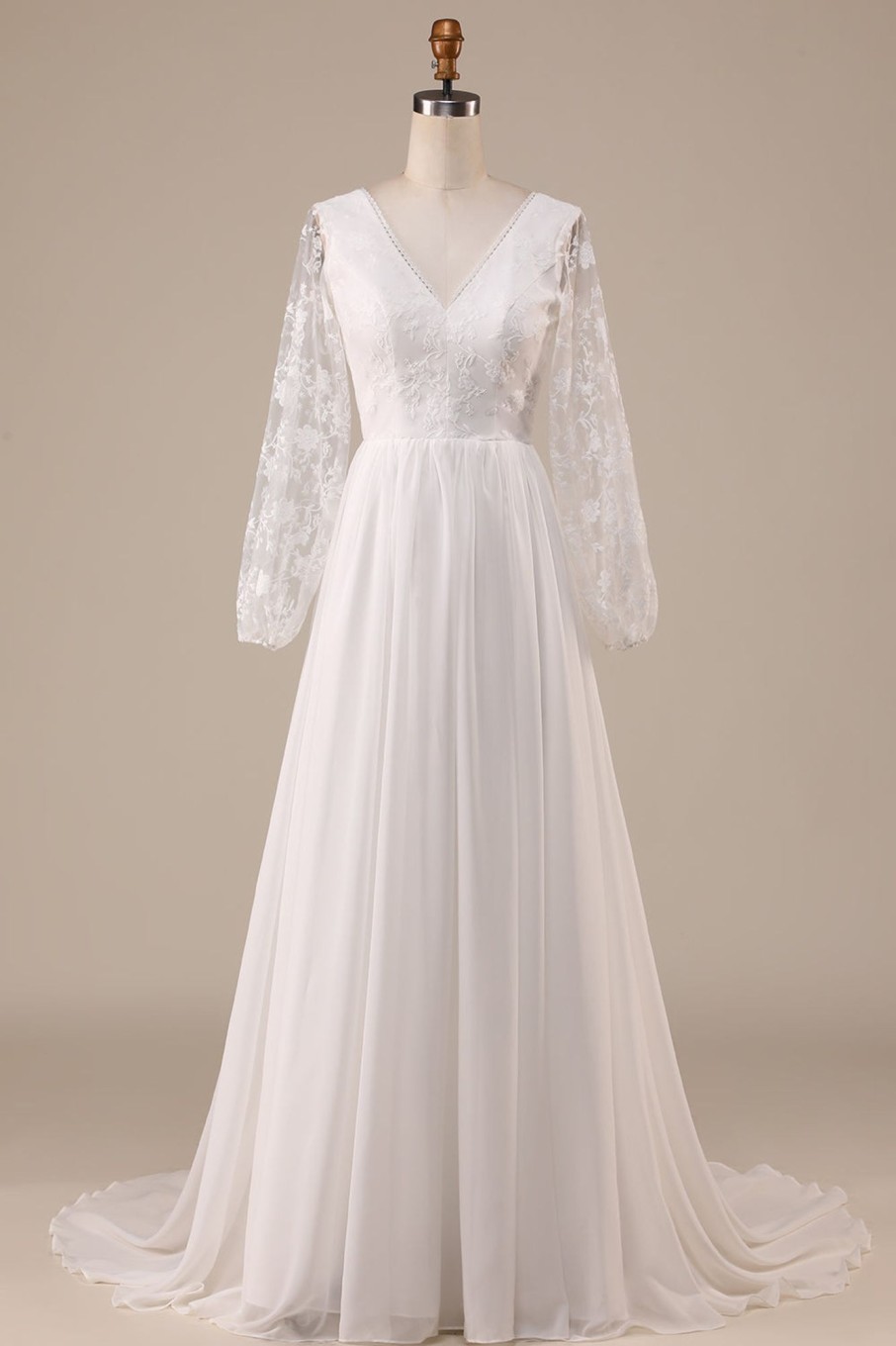 Wedding Dresses HELLYMOON | Chiffon Sweep Train Boho Wedding Dress With Lace Ivory