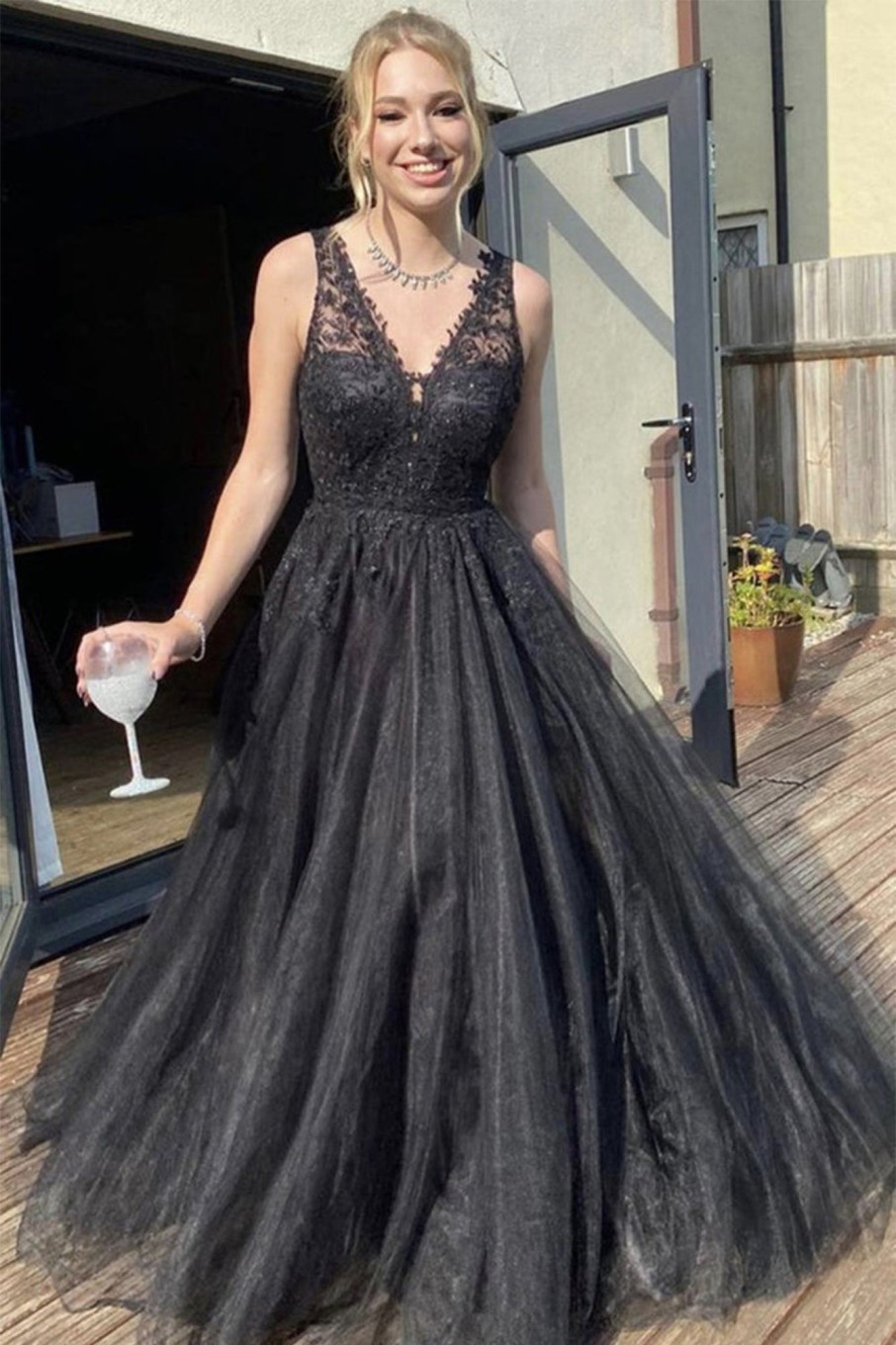 Special Occasion HELLYMOON | Black V Neck Long Prom Dress Grey