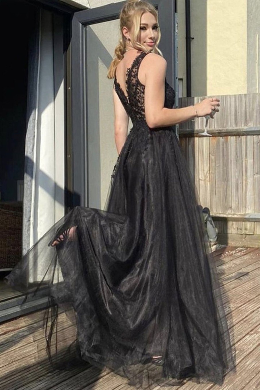 Special Occasion HELLYMOON | Black V Neck Long Prom Dress Grey