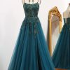 Prom Dresses HELLYMOON | A-Line Spaghetti Strap Beaded Prom Dress With Appliques Dark Green