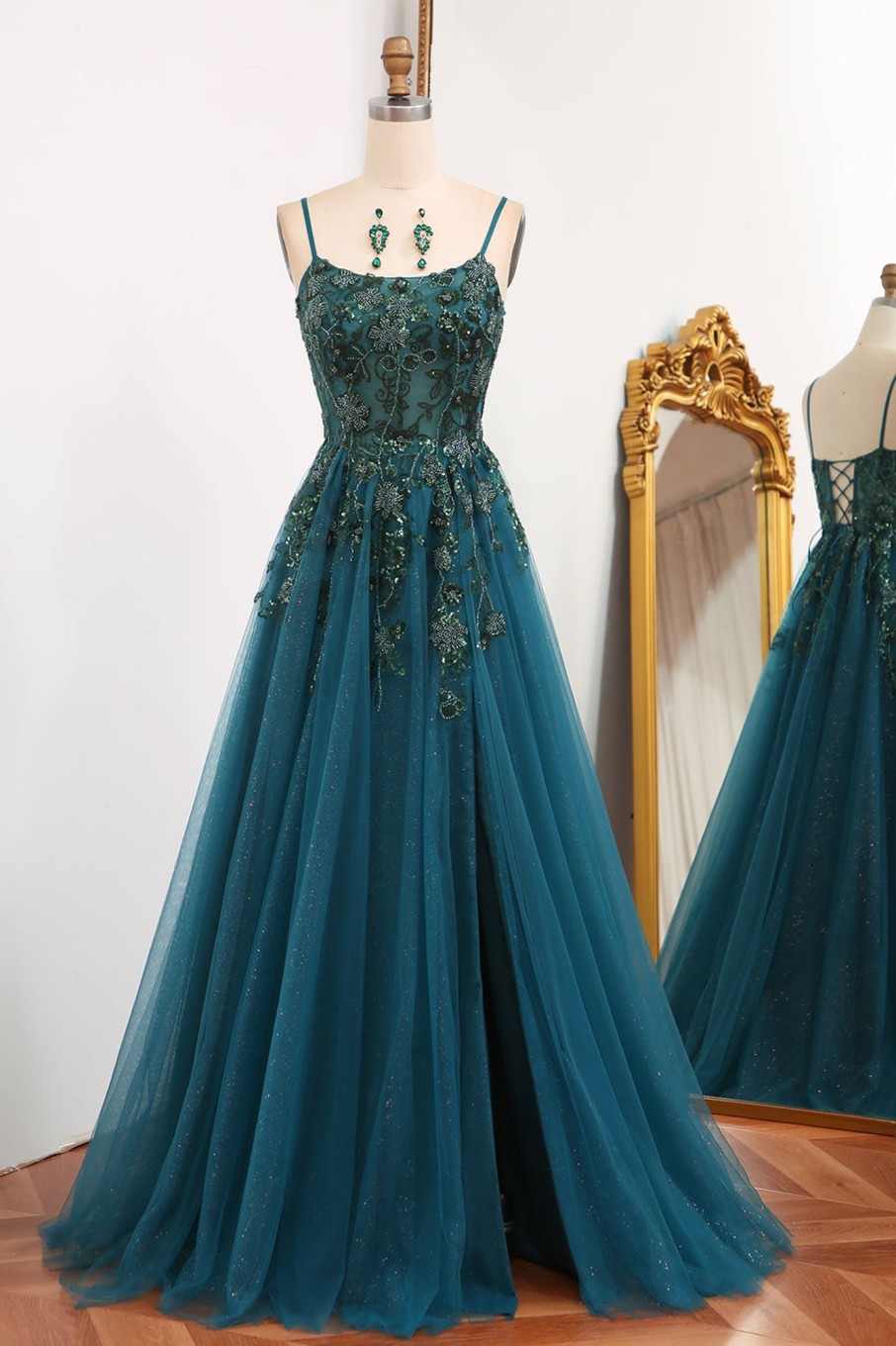 Prom Dresses HELLYMOON | A-Line Spaghetti Strap Beaded Prom Dress With Appliques Dark Green