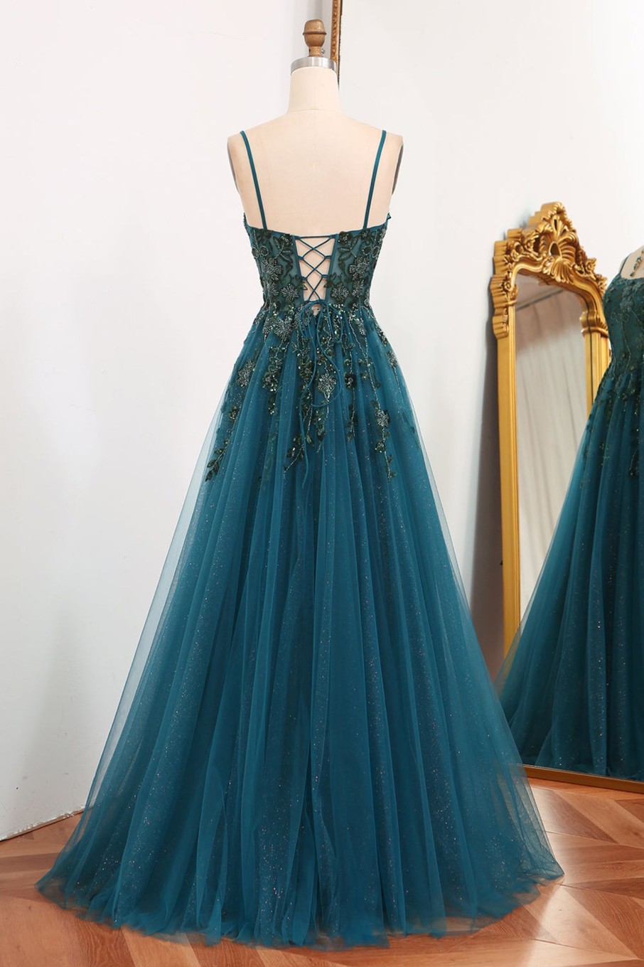 Prom Dresses HELLYMOON | A-Line Spaghetti Strap Beaded Prom Dress With Appliques Dark Green