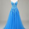 Prom Dresses HELLYMOON | A-Line Spaghetti Straps Tulle Prom Dress With Appliques Blue