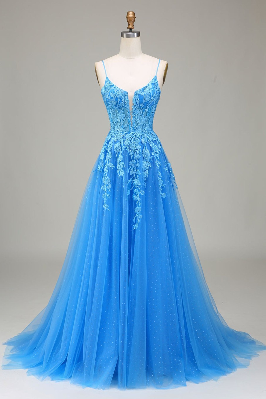 Prom Dresses HELLYMOON | A-Line Spaghetti Straps Tulle Prom Dress With Appliques Blue