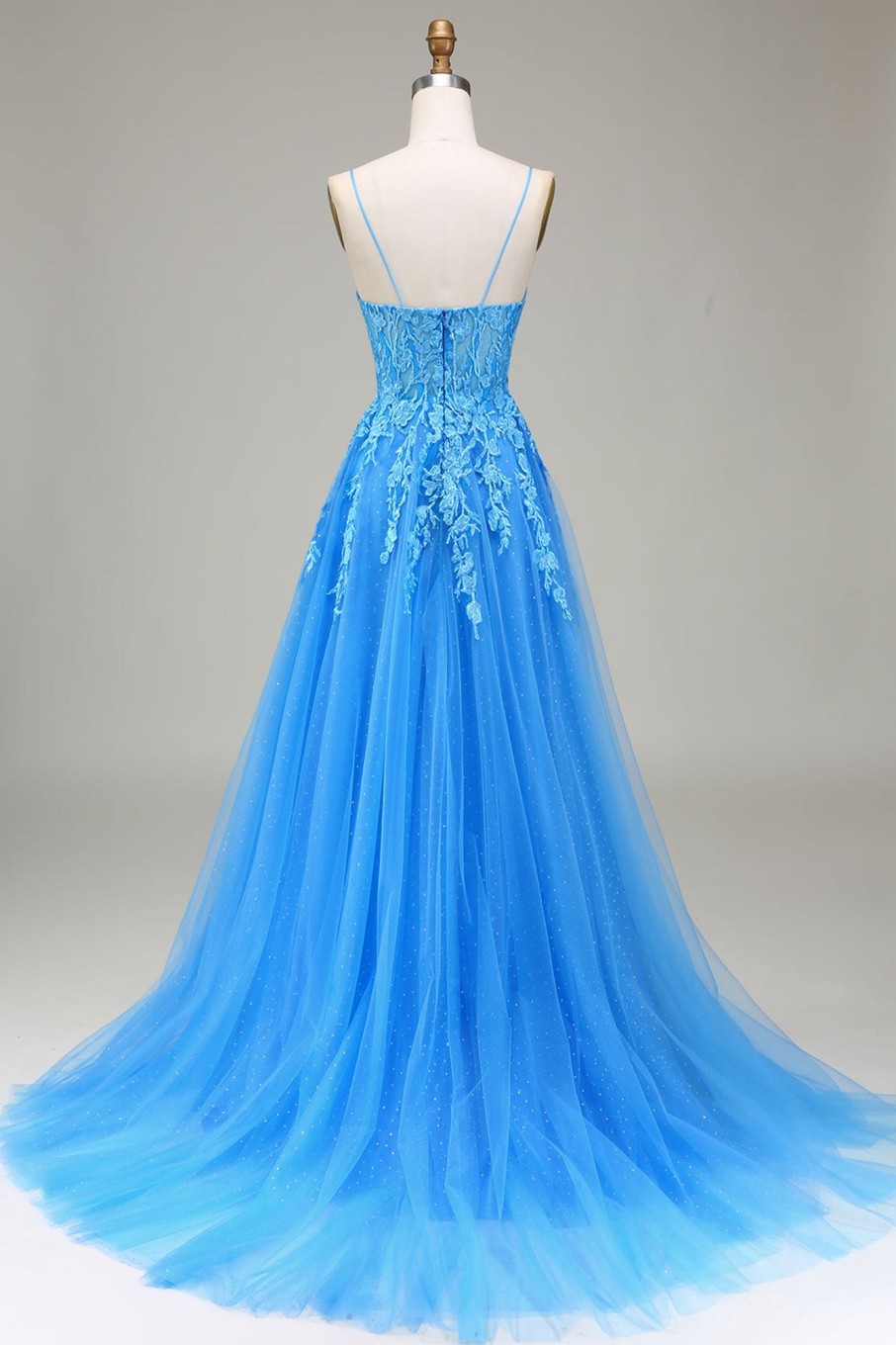 Prom Dresses HELLYMOON | A-Line Spaghetti Straps Tulle Prom Dress With Appliques Blue